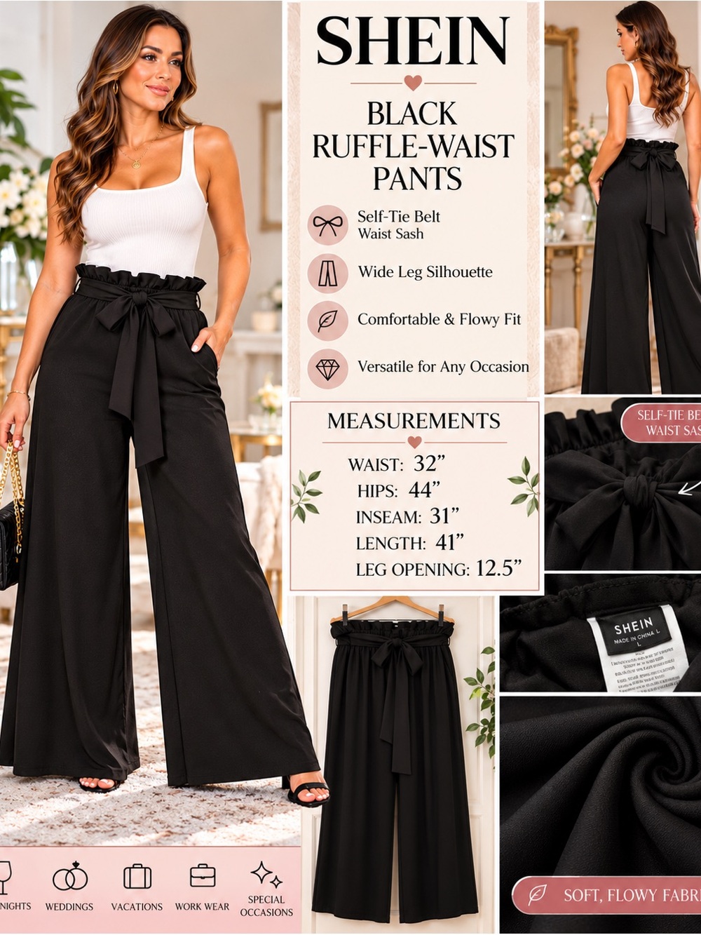 SHEIN Black Ruffle-Waist Wide Leg Pants with Self-Tie Belt